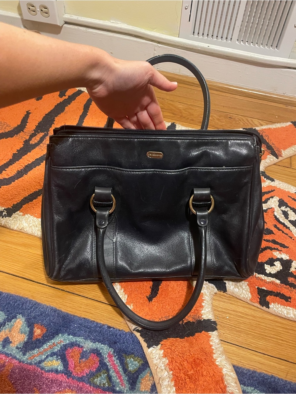 Liz Claiborne Black Leather Satchel with Gold-Tone Accents